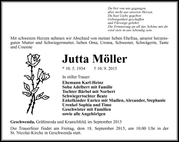 Traueranzeige von Jutta Möller von Südthüringer Presse