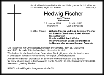 Traueranzeige von Hedwig Fischer von Frankenpost