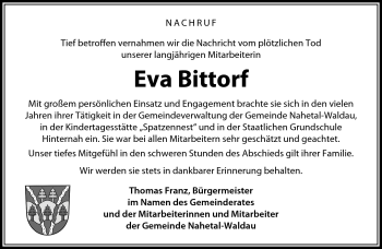 Traueranzeige von Eva Bittorf von Südthüringer Presse