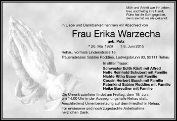Traueranzeige von Erika Warzecha von Frankenpost
