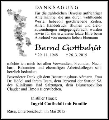 Traueranzeige von Bernd Gottbehüt von Südthüringer Presse