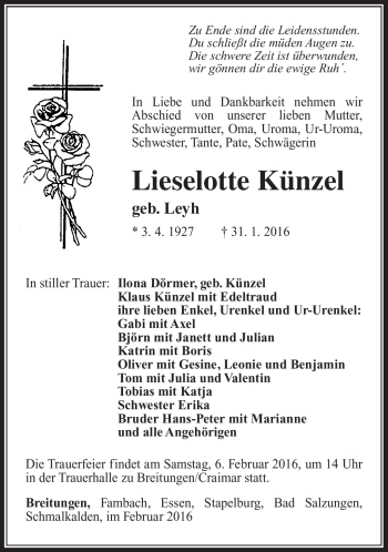 Traueranzeige von Lieselotte Künzel von Südthüringer Presse