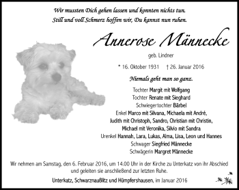 Traueranzeige von Annerose Mannecke von Südthüringer Presse
