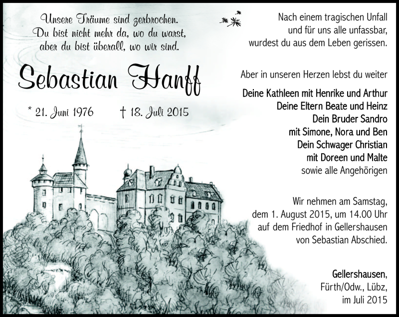  Traueranzeige für Sebastian Hanff vom 25.07.2015 aus Südthüringer Presse
