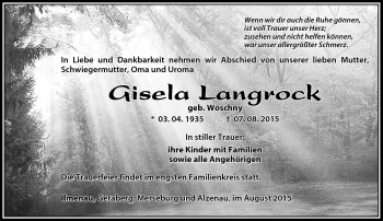 Traueranzeige von Gisela Langrock von Südthüringer Presse