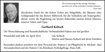 Traueranzeige von Gerhard Keltsch von Frankenpost