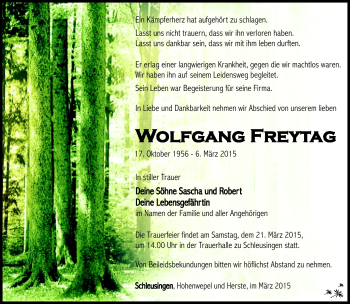 Traueranzeige von Wolfgang Freytag von Südthüringer Presse