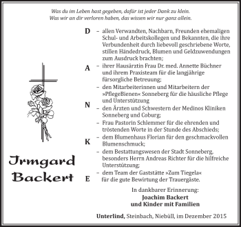 Traueranzeige von Irmgard Backert von Südthüringer Presse