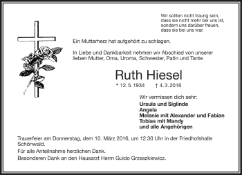 Traueranzeige von Ruth Hiesel von Frankenpost