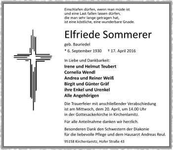 Traueranzeige von Elfriede Sommerer von Frankenpost