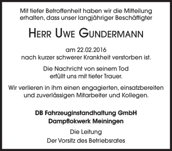 Traueranzeige von Uwe Gundermann von Südthüringer Presse