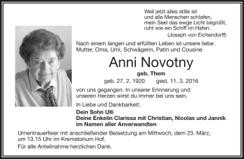 Traueranzeige von Anni Novotny von Frankenpost