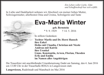 Traueranzeige von Eva-Maria Winter von Südthüringer Presse