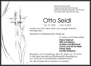 Traueranzeige von Otto Seidl von Frankenpost