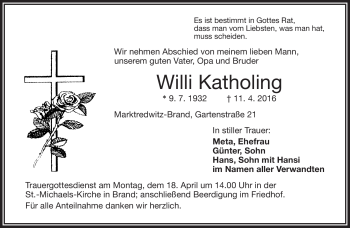 Traueranzeige von Willi Katholing von Frankenpost