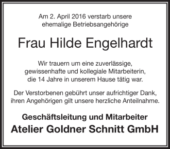 Traueranzeige von Hilde Engelhardt von Frankenpost