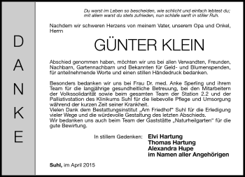 Traueranzeige von Günter Klein von Südthüringer Presse