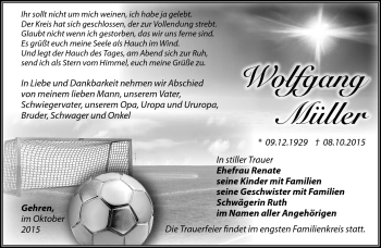 Traueranzeige von Wolfgang Müller von Südthüringer Presse