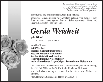 Traueranzeige von Gerda Weisheit von Südthüringer Presse