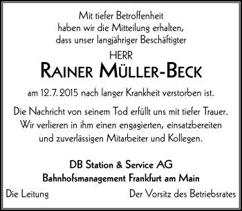 Traueranzeige von Rainer Müller-Beck von Südthüringer Presse