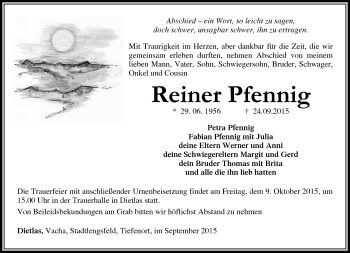 Traueranzeige von Reiner Pfennig von Südthüringer Presse
