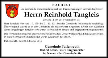 Traueranzeige von Reinhold Tangleis von Frankenpost