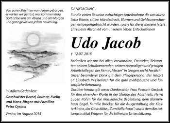 Traueranzeige von Udo Jacob von Südthüringer Presse