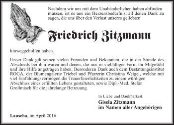 Traueranzeige von Friedrich Zitzmann von Südthüringer Presse