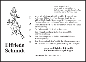 Traueranzeige von Elfriede Schmidt von Südthüringer Presse