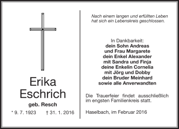 Traueranzeige von Erika Eschrich von Südthüringer Presse