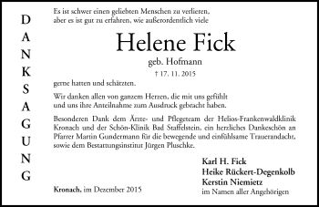 Traueranzeige von Helene Fick von Neue Presse Coburg