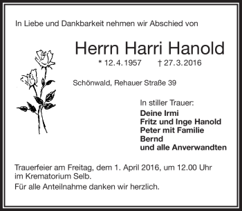 Traueranzeige von Harri Hanold von Frankenpost