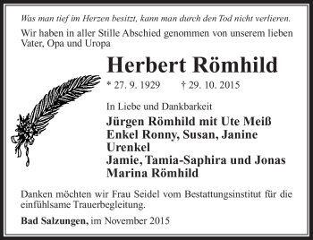 Traueranzeige von Herbert Römhild von Südthüringer Presse