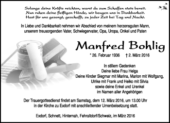 Traueranzeige von Manfred Bohlig von Südthüringer Presse