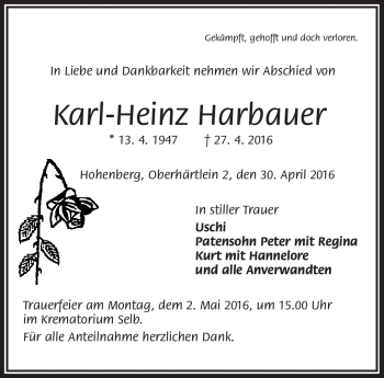 Traueranzeige von Karl-Heinz Harbauer von Frankenpost