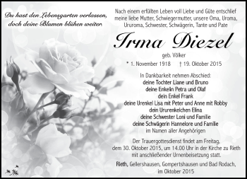 Traueranzeige von Irma Diezel von Südthüringer Presse