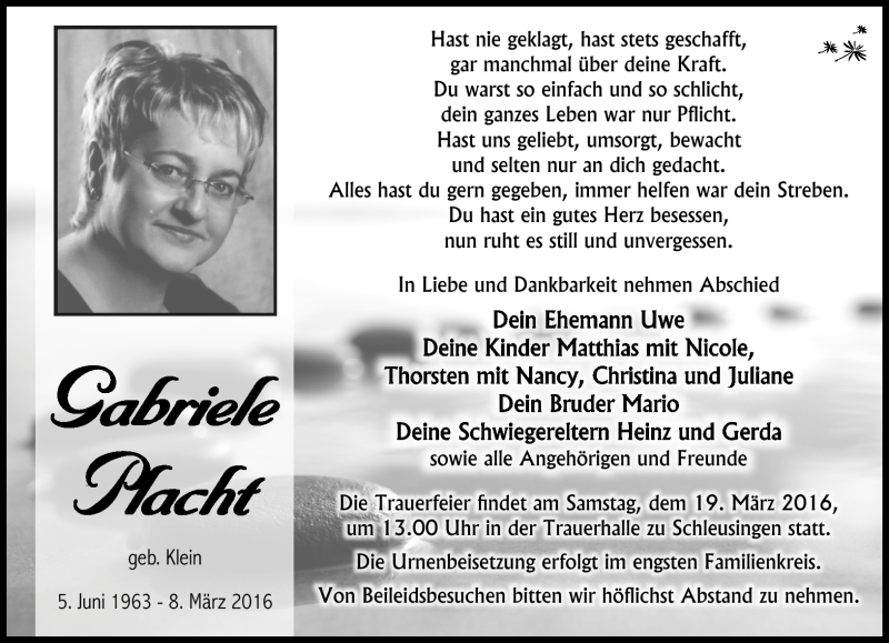  Traueranzeige für Gabriele Placht vom 12.03.2016 aus Südthüringer Presse