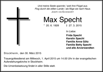 Traueranzeige von Max Specht von Neue Presse Coburg