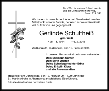 Traueranzeige von Gerlinde Schultheiß von Frankenpost