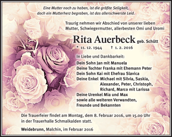Traueranzeige von Rita Auerbeck von Südthüringer Presse