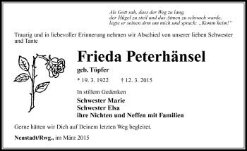 Traueranzeige von Frieda Peterhänsel von Südthüringer Presse