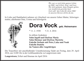 Traueranzeige von Dora Vock von Südthüringer Presse