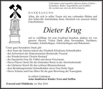 Traueranzeige von Dieter Krug von Südthüringer Presse