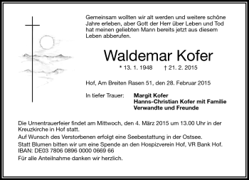 Traueranzeige von Waldemar Kofer von Frankenpost