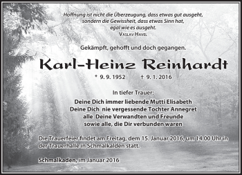 Traueranzeige von Karl-Heinz Reinhardt von Südthüringer Presse