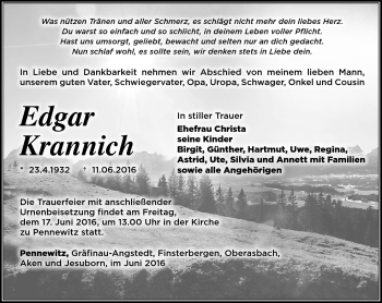 Traueranzeige von Edgar Kranich von Südthüringer Presse
