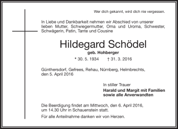 Traueranzeige von Hildegard Schödel von Frankenpost