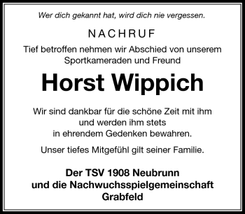 Traueranzeige von Horst Wippich von Südthüringer Presse