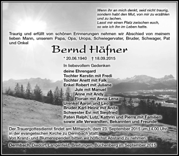 Traueranzeige von Bernd Häfner von Südthüringer Presse