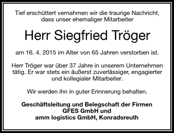 Traueranzeige von Siegfried Tröger von Frankenpost